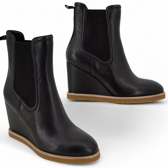 ANTHROPOLOGIE Splendid Wynn Black Leather Wedge Boots Size 7.5M Gothic Goth - Picture 1 of 16